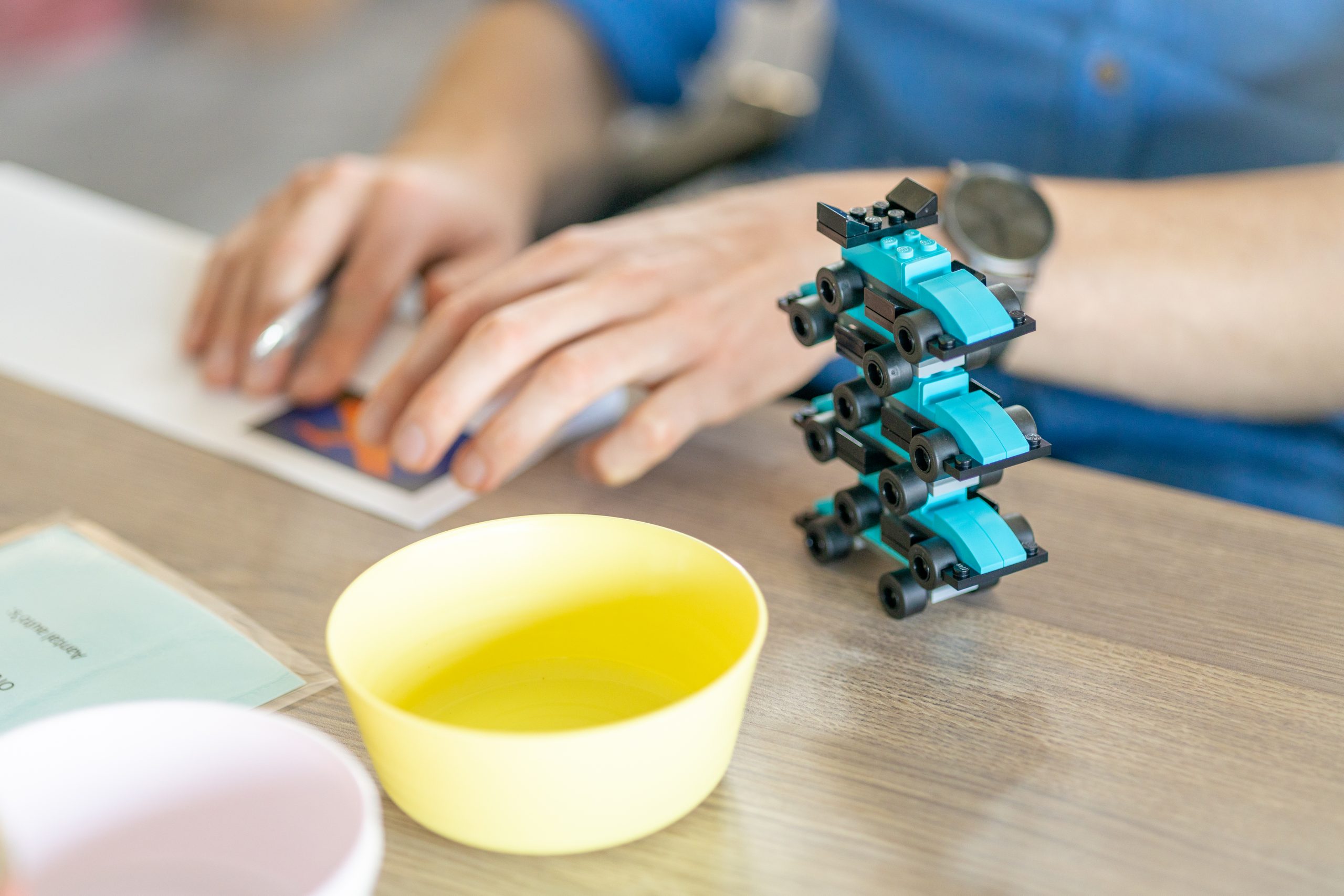 Met LEGO gebouwde modellen op tafel tijdens een workshop